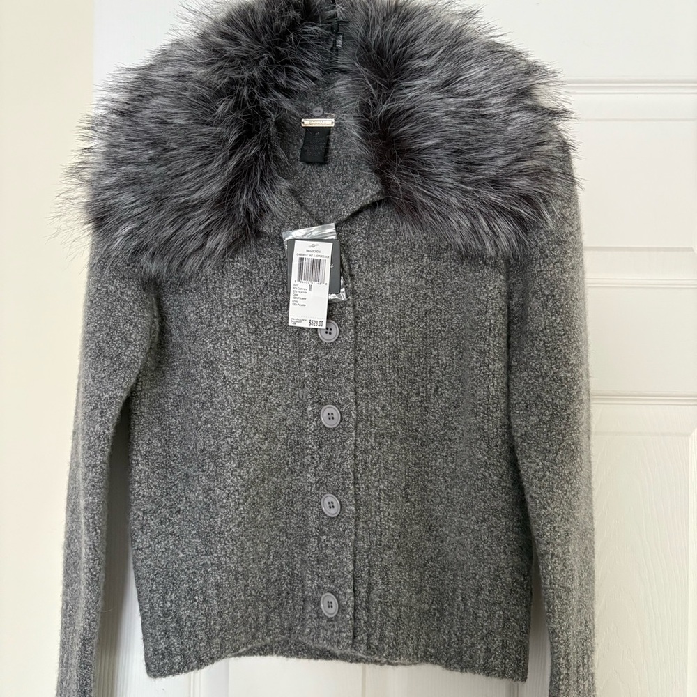 Magaschoni Grey Cashmere Blend Button Down Faux Fur Removable Collar Sweater - Picture 3 of 9